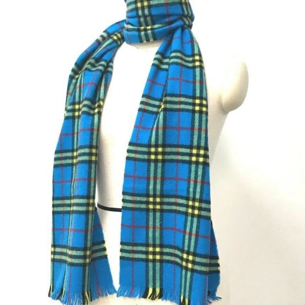 RARE LARGE BURBERRY cashmere blue turquoise yellow fringe check plaid scarf - Picture 3 of 6
